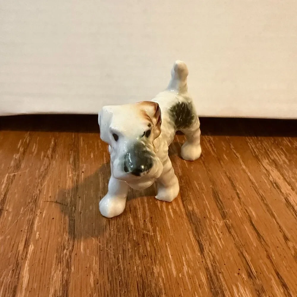Vintage Wire Fox Terrier Ceramic Dog Figurine White Brown Black 3